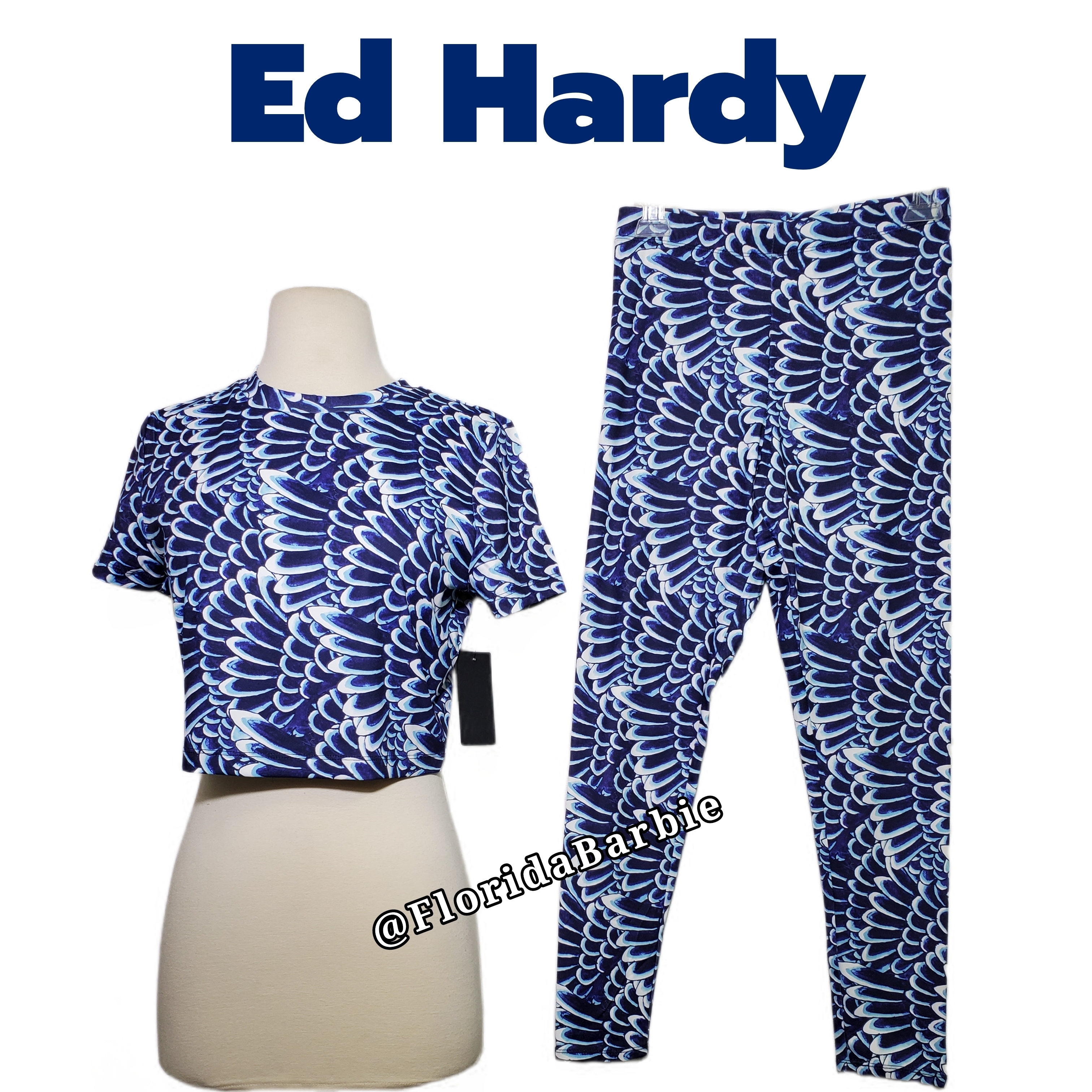 Ed Hardy Women Men Top & Pants 2pc Set - Blue Feather Print Crop Top & Leggings